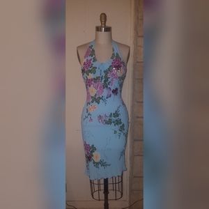 Turquoise Flower & Butterfly Halter Dress